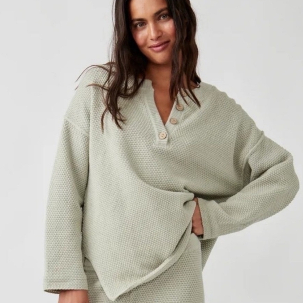 free People Beach Hailee Women's Gray Waffle Oversized Casual Pullover BohoTop